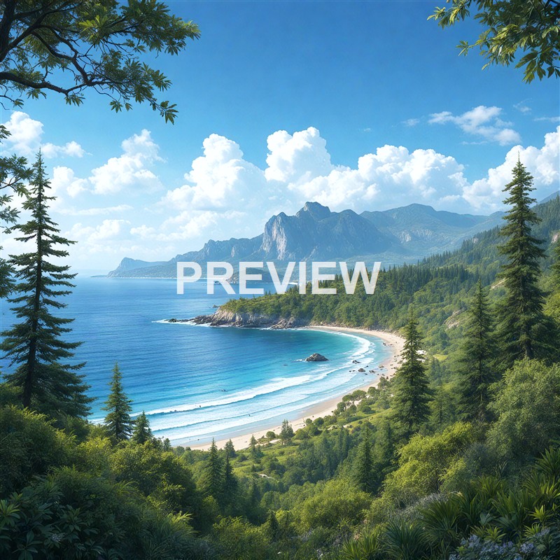 The image depicts a scenic view of a coastline with a sandy beach, surrounded by lush green trees and mountains in the background under a bright blue sky with scattered clouds.